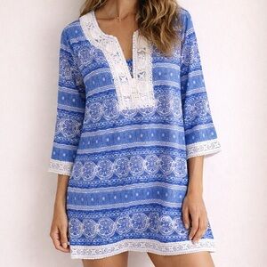 Bella Tu Blue White Beaded Embroidered Cotton Tunic‎ Dress Small Resortwear